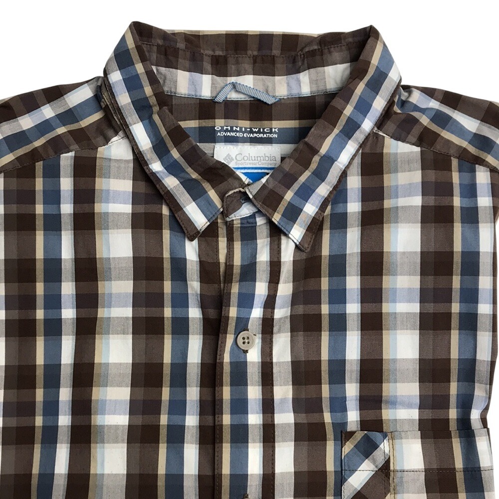 Columbia Men's XL Button Front Shirt Short Sleeve Shirt Brown Plaid Omni Wick